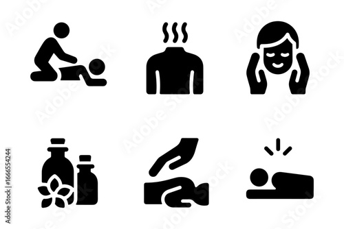Wellness and relaxation icons set featuring massage and aromatherapy