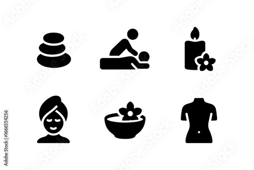 Spa and relaxation icons: massage, candles, and aromatherapy elements in silhouette style