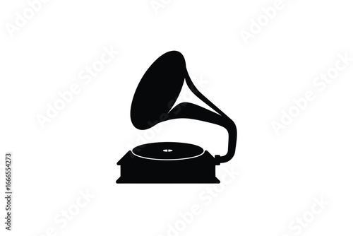 Gramophone in black silhouette on white background for music or vintage themes