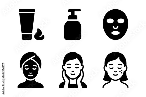 Skincare routine icons: cream, lotion, facial mask and relaxing women silhouettes