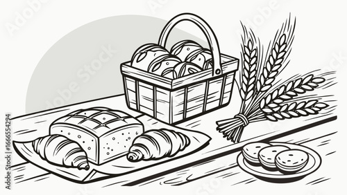 A sketch of a bakery display with bread, croissants, buns in a basket, and wheat stalks on a table