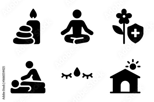 Wellness and relaxation icons: meditation, healing, and nature silhouettes for holistic health