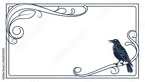 Elegant frame with floral accents and a perched raven in a vintage style design element