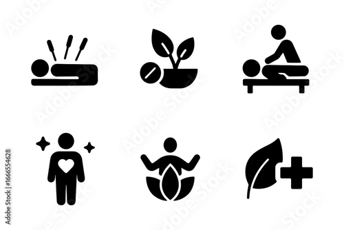Holistic wellness icons: acupuncture, herbal medicine, massage therapy, self-care, meditation, natural healing