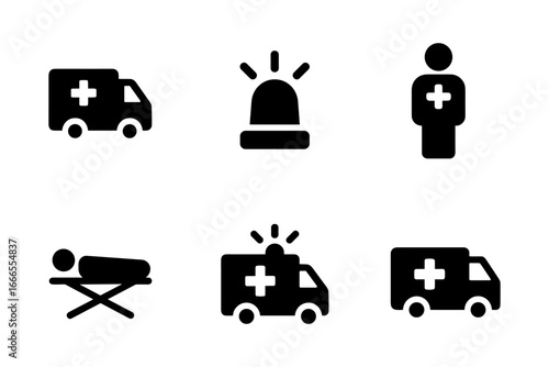 Medical emergency icons featuring ambulance, stretcher, and doctor symbols in bold silhouette style
