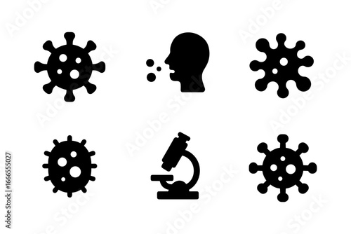 Coronavirus icons: virus, symptoms, and microscope in bold black silhouette set
