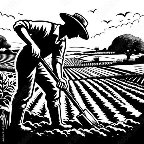 Farmer Digging Soil with Spade
