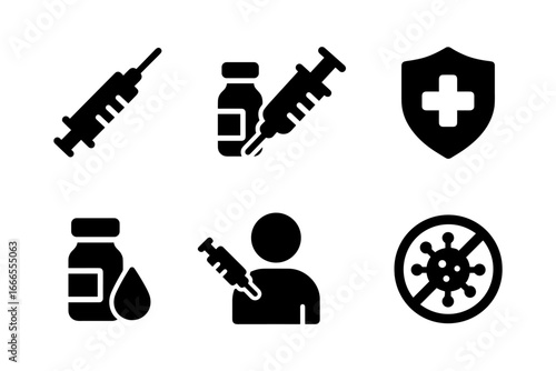 Vaccine and health icons set: syringe, medicine, shield, no virus in black silhouette design
