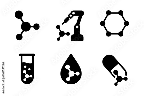Minimalist science icons featuring molecules and laboratory equipment in silhouette style