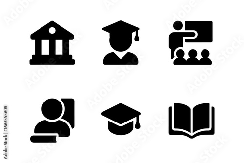 Education icons set: graduation cap, school building, classroom, student, book in simple silhouette design