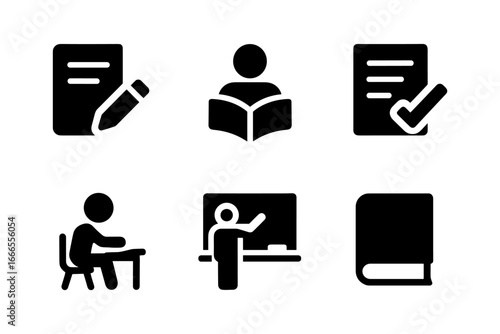 Education icons set: simple silhouettes for school and learning themes