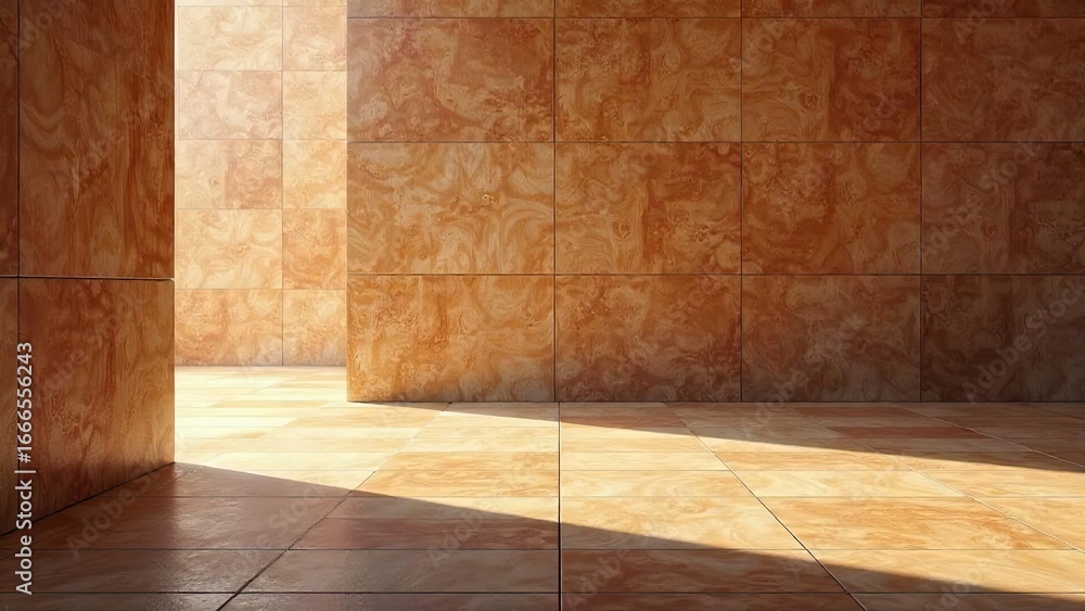 Naklejka premium Sunlit Interior with Warm-Toned Tile Walls and Floor, Creating a Serene and Minimalist Architectural Scene
