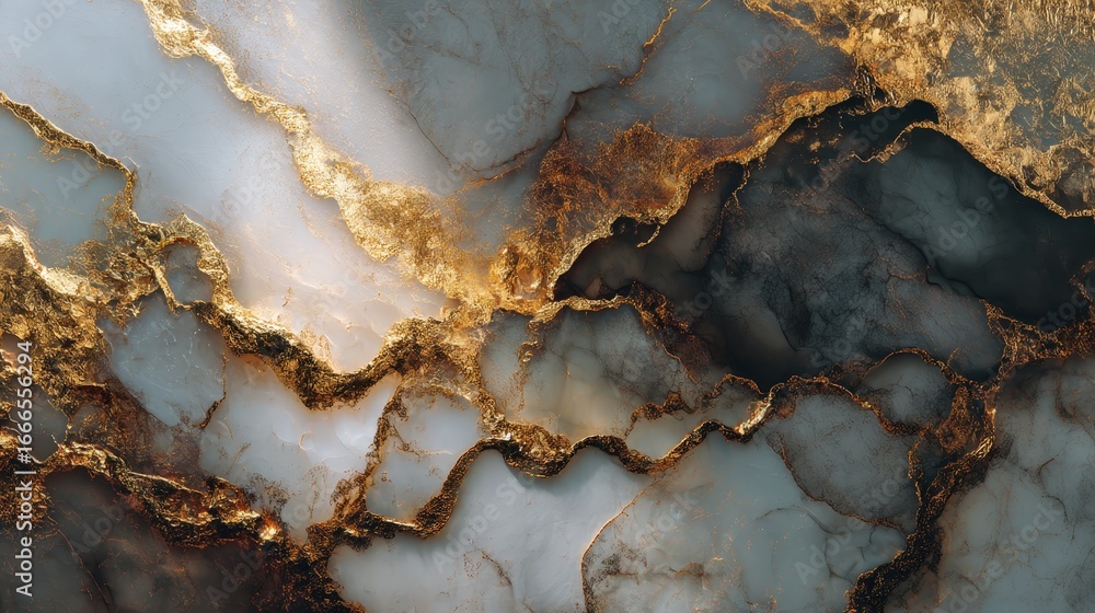 Fototapeta premium Golden Veins in Stone: A striking close-up reveals a dramatic dance of gold veins weaving through a cool, textured stone, capturing the timeless beauty of natural art. 