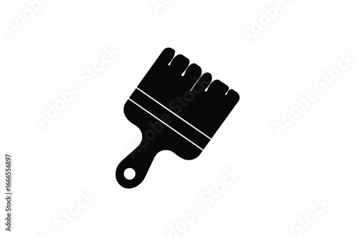 A black silhouette of a paintbrush with a handle and bristles on white background