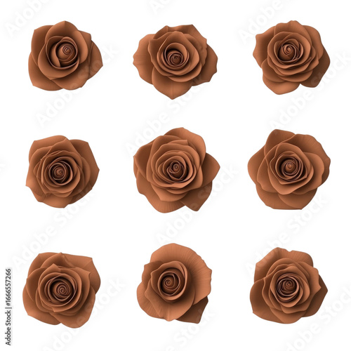 Brown rose, realistic 3D render, floral pattern, symmetrical, transparency background, elegant