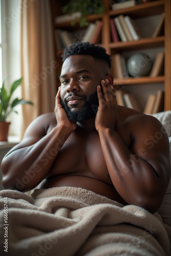 A plus-size black man is gently washing his face in a cozy bedroom with soft lighting. There are plants and books on the shelves behind him