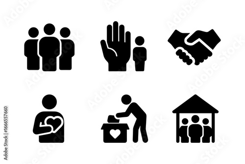 Community support and volunteer icons: flat silhouette set