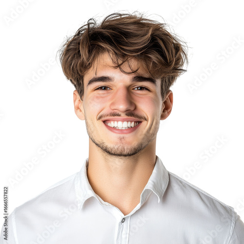 Young man smiling with tousled brown hair, white shirt, isolated on transparency background
