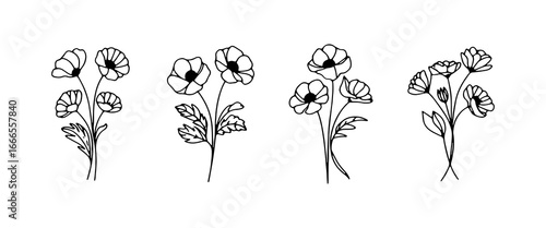 Floral illustrations showcasing various flower designs with intricate details and elegant lines on a plain background