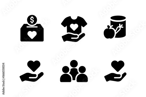 Charity icons set: donation, community, and support symbols in solid style