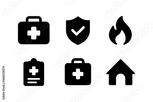 Essential safety and healthcare icons: silhouette design for modern applications