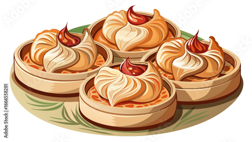 Open-faced dumplings filled with pork and shrimp, delicate folds rest on white background, showcasing modern dim sum culinary art, timeless balance of culture and cuisine captured in elegant abstracti