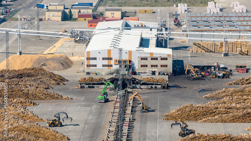 Wood processing plant managing timber logs and woodchips with forklifts