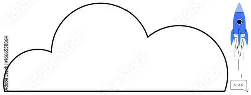 Blue rocket ascending beside a simple cloud outline, symbolizing digital innovation. Ideal for cloud computing, startup growth, data storage, technology, future innovation, creative projects, simple