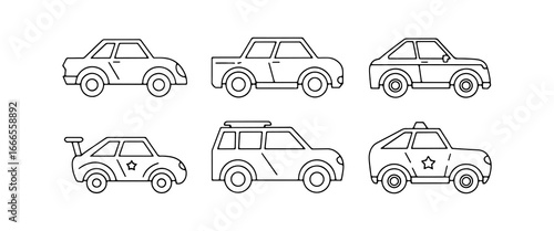 Collection of six distinct car designs showcasing various models and styles in a simple line art format