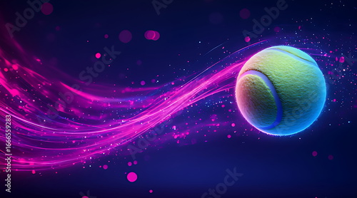 Energetic tennis ball with flowing pink and purple neon light streaks on an abstract dark studio background, sporty dynamic motion.