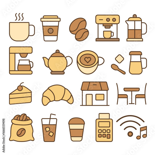 Coffee tea shop icon set. Flat color style includes colorful coffee cup, mug, beans, takeaway cup, coffee maker, and café-related elements. Ideal for website, app, infographic, and marketing design.