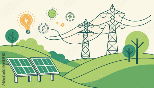 Illustration of solar panels with power lines and energy icons in a green landscape setting view