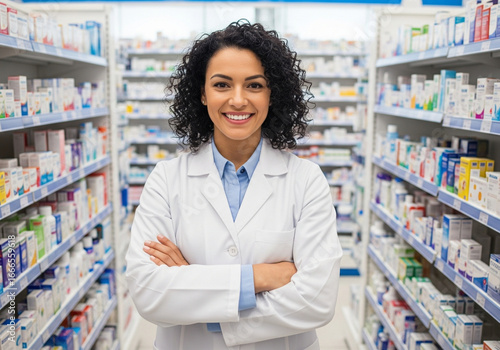 Confident Female Pharmacist Smiling in Modern Pharmacy Aisle, Ready to Assist