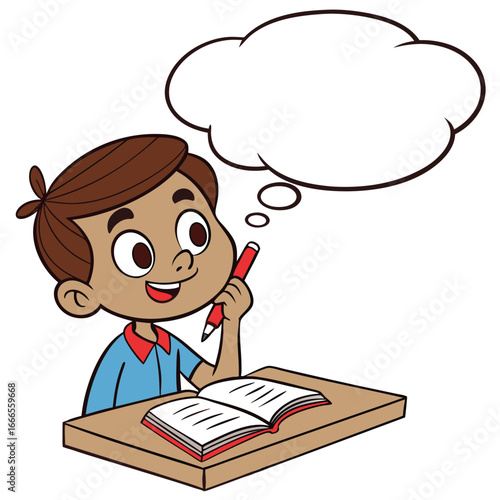 A young boy with dark hair and brown eyes. He's sitting at a wooden desk with a large, open book in front of him. He holds a red pencil to his chin and looks up and to his right, with a large.