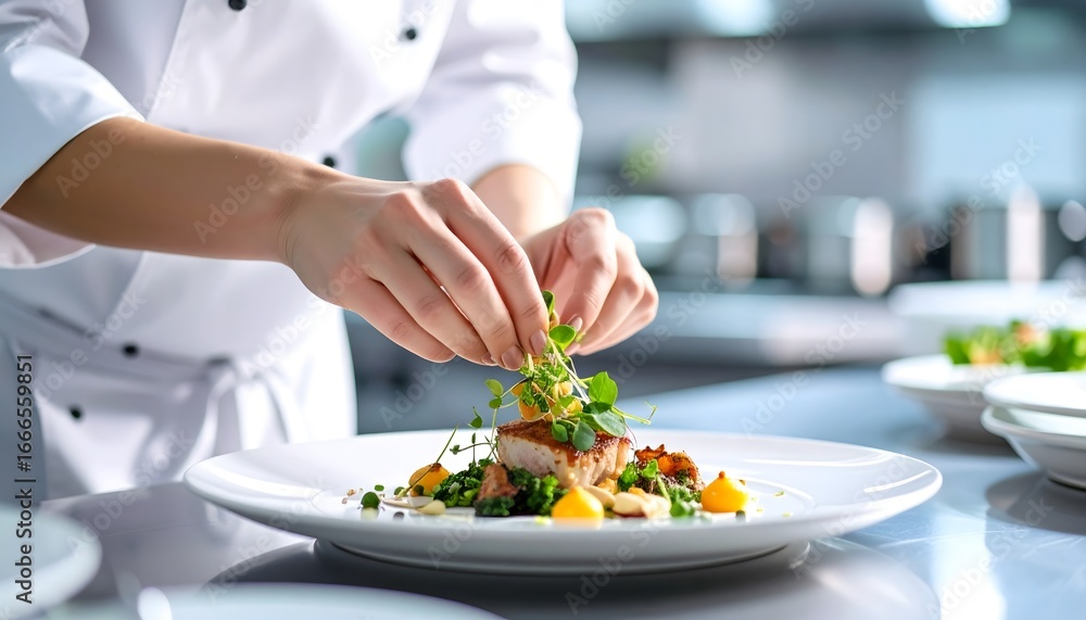 Naklejka premium Close-up of a chef delicately garnishing a beautifully plated dish with fresh herbs in a professional kitchen environment.