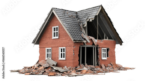 House with visible damage and debris scattered around on an transparent background