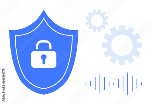 Shield with lock at center, gears, and soundwaves to symbolize data security, cybersecurity, technology, protection, system optimization. Ideal for online safety, encryption network security secure