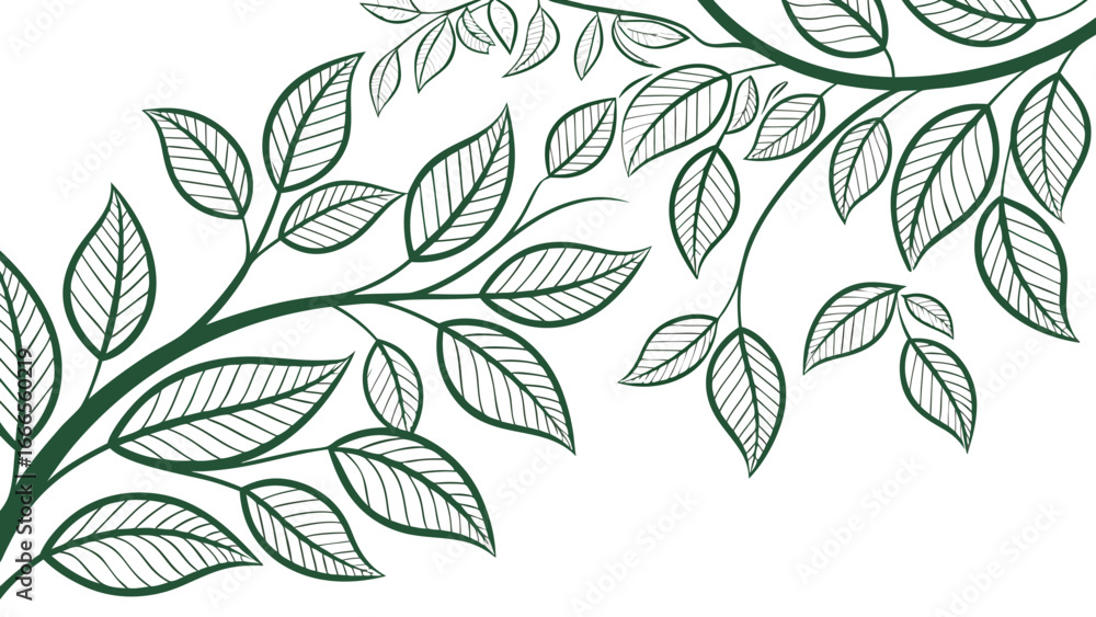 Fototapeta premium Illustration of green branches with leaves and visible leaf veins on a white background art design