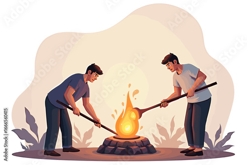 Skilled glassblowers collaboratively crafting molten glass over fire with long tools, warm studio background.