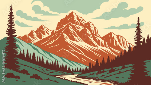 A stylized mountain landscape with a river flowing through a valley and coniferous trees displayed