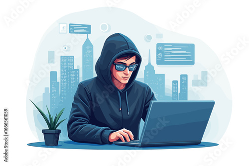 Anonymous hooded person hacking on laptop with digital elements, dark blue cityscape background.