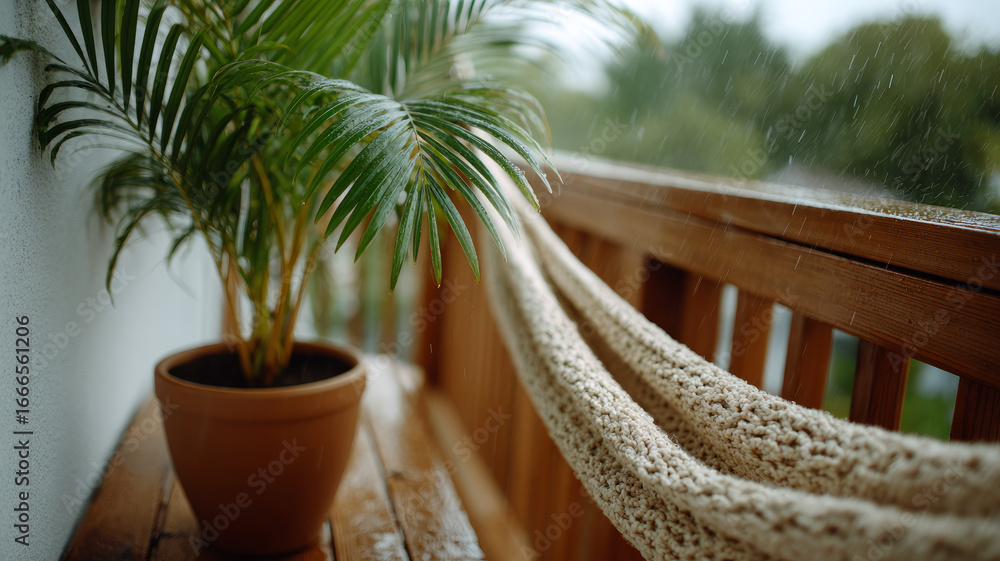 Fototapeta premium Potted plant and hammock on a rainy balcony.