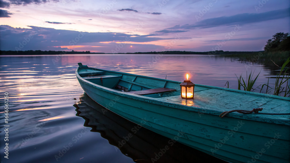 Fototapeta premium floating candle on teal boat at dusk