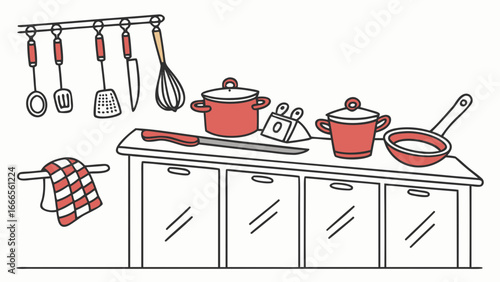 Kitchen scene showing utensils hanging above a counter with pots and pans and a checkered towel present