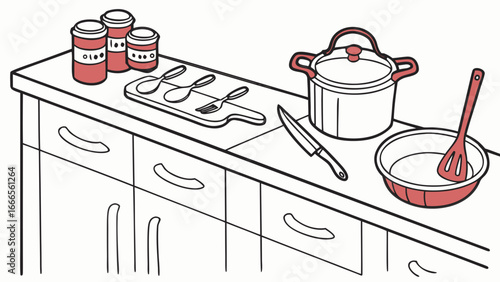 Illustration of a kitchen counter with jars pot bowl knife and utensils in a clean and simple style