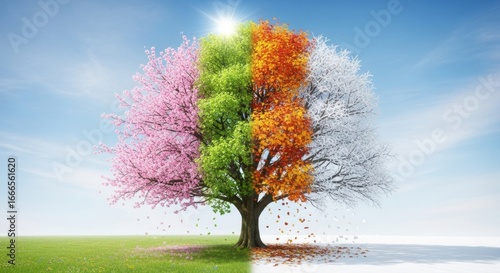 Stunning tree representing four seasons: spring, summer, autumn, winter with vibrant colors