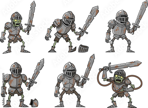 Undead knight character with rusty sword and shield, cartoon style, spooky zombie warrior, Halloween theme, isolated on white background.