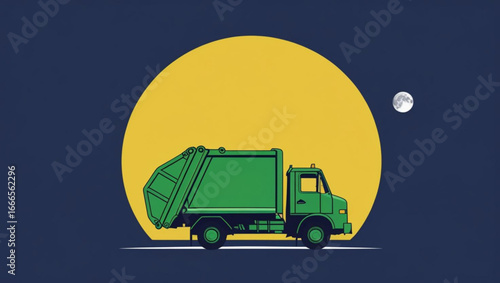 Garbage Truck at Night with a Full Moon
