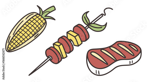 Illustration showcasing corn on the cob, a skewer with meat and vegetables, and a steak on a white backdrop