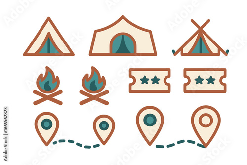Vector illustration of camping elements with tents and campfire icons